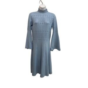 Vtg 60’s/70’s Blue Pointelle knit Boho Sweater Dress, Flared Sleeve’s Hippie